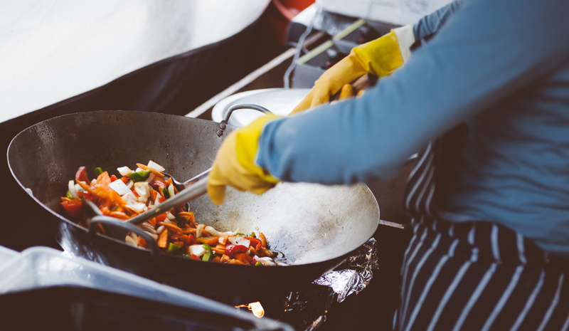stainless, fried, person, hand, cooking, midsection, pot, preparing food, kitchen utensil, close-up, food, human hand, preparation, food and drink, appliance