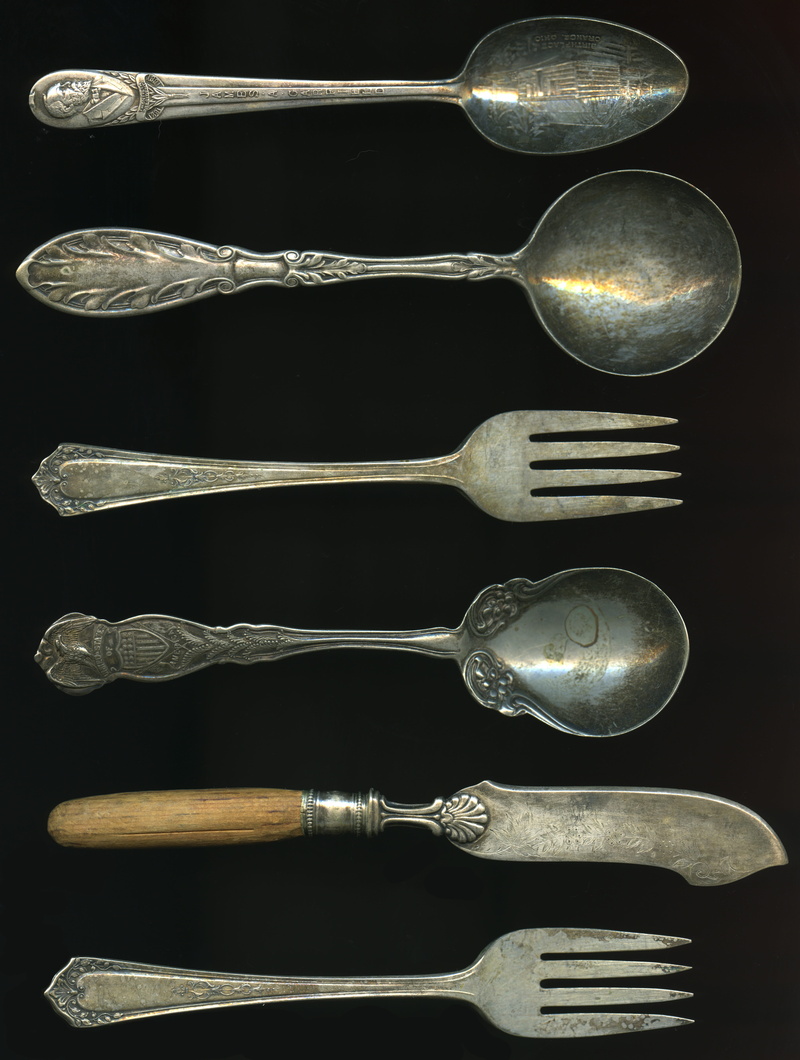 black background, no people, eating utensil, light bulb, kitchen, antique spoons, 5K, ladles, shiny, indoors, utensil, group of objects, fork, electricity