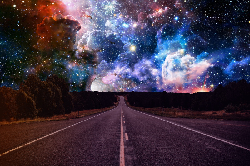 direction, road marking, skies, color, stars, diminishing perspective, no people, vanishing point, outdoors, dividing line, star - space, road, sign, colors