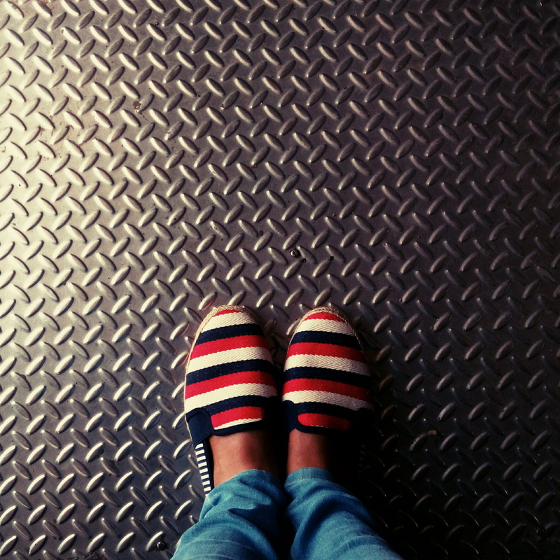 indoors, sock, slip, beautiful, elegant, personal perspective, wear, pattern, iron, footwear, red, woman, striped, wearing, 1080P, lifestyles, human body part