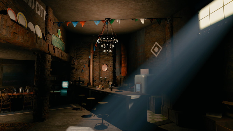 table, domestic room, building, no people, built structure, lighting equipment, food and drink industry, seat, absence, home, fallout 4 xbox one diamond city home plate apocalyptic
