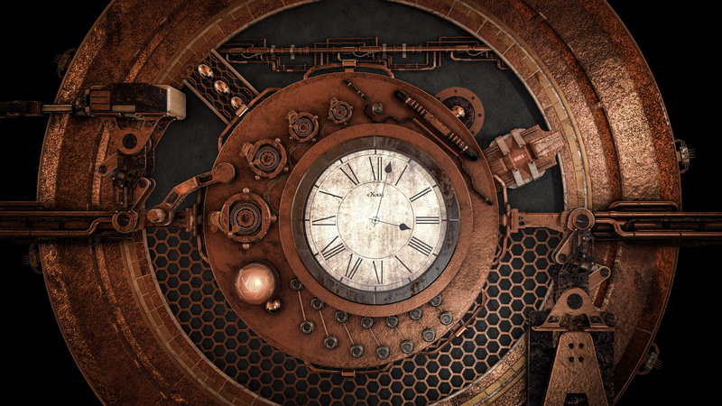 steampunk, movement, pattern, machine, close-up, fantasy, roman numeral, no people, indoors, metal, the past, 4K, time, architecture, built structure