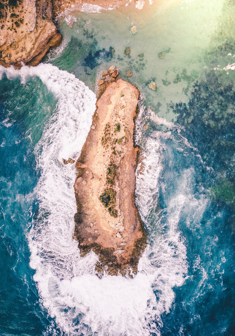 drone photo, splashing, flowing water, island, ocean, beauty in nature, scenics - nature, high angle view, sport, idyllic, aerial, 4K, surfing, day, solid