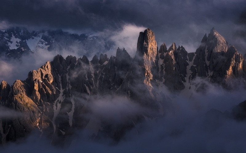 snowy peak, 480P, sunlight, summit, sunset, landscape, nature, clouds, mist, mountains