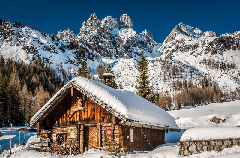 1080P, Filzmoos, Alps, Austria, snow, The Dachstein Mountains, mountains, winter, The Dachstein Massif, house