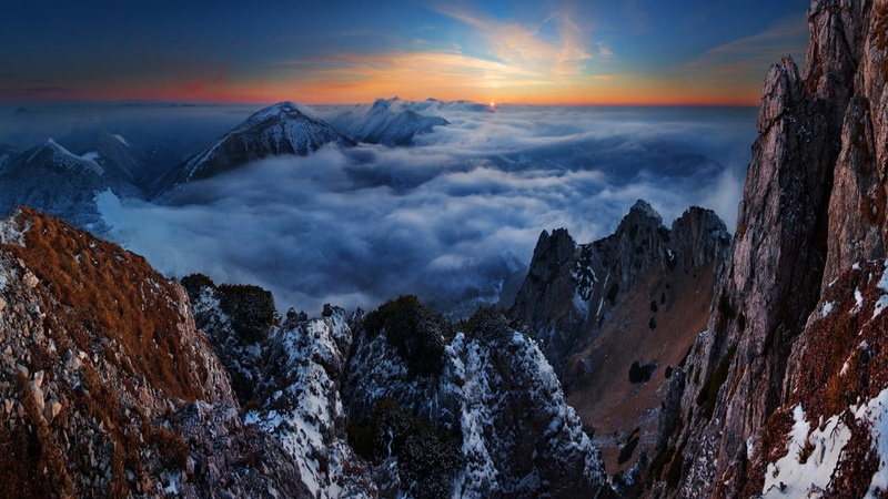 daytime, summit, tranquility, cloud - sky, winter, tranquil scene, clouds, no people, mountain range, rock - object, non-urban scene, landscape, snowy peak