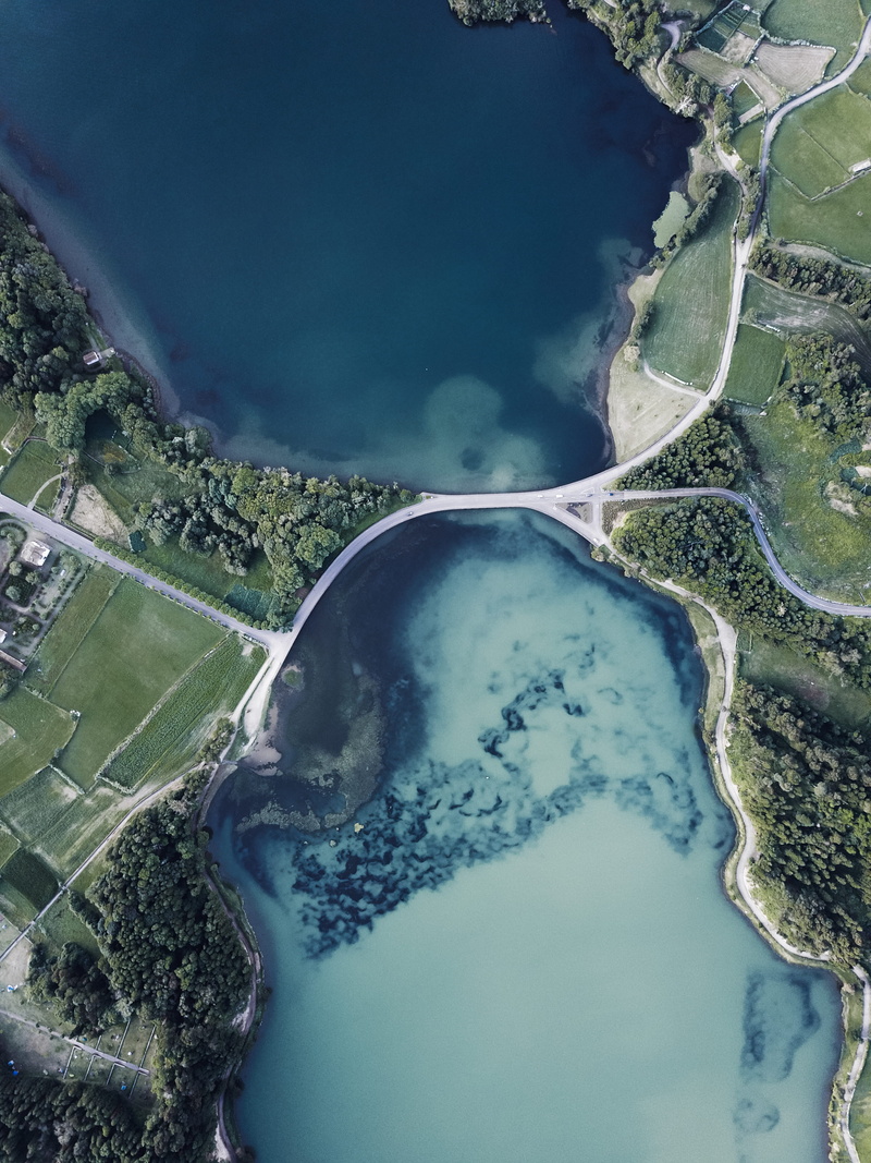 idyllic, green, blue, tranquil scene, day, tranquility, azore, aerial, lake, bridge, trees, water, environment, high angle view, land, mavic, aerial view