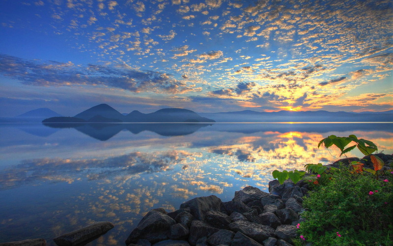 Lake, Japan, yellow, Sunrise, blue, sky, Hokkaido, 1080P, Toya, Clouds