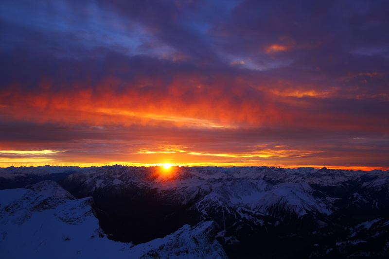 imposing, mountain, orange color, sunset, outdoors, alpine, snow, afterglow, sky, bavaria, rise, tranquility, ridge, dramatic sky, view, nature, postcard