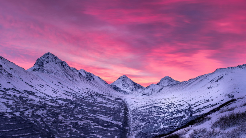 mountain peak, mountain, landscape, scenics - nature, 4K, mountain range, tranquility, pink sky, snow, dramatic sky, sunset, beauty in nature, anchorage