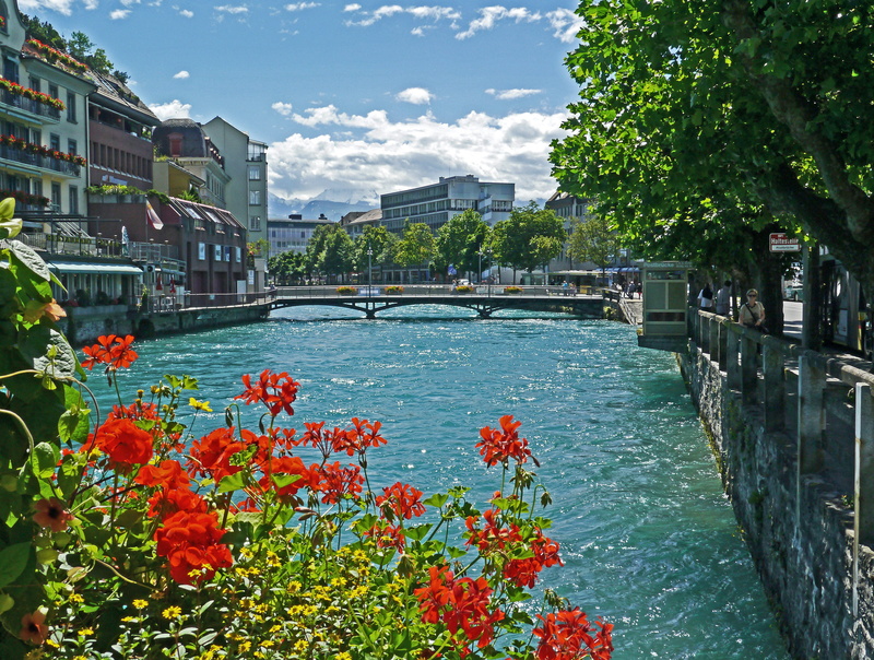 alps river, downtown, floral decorations, geranium, switzerland, water, building, building exterior, jungfraujoch, nature, built structure, 4K, sunlight