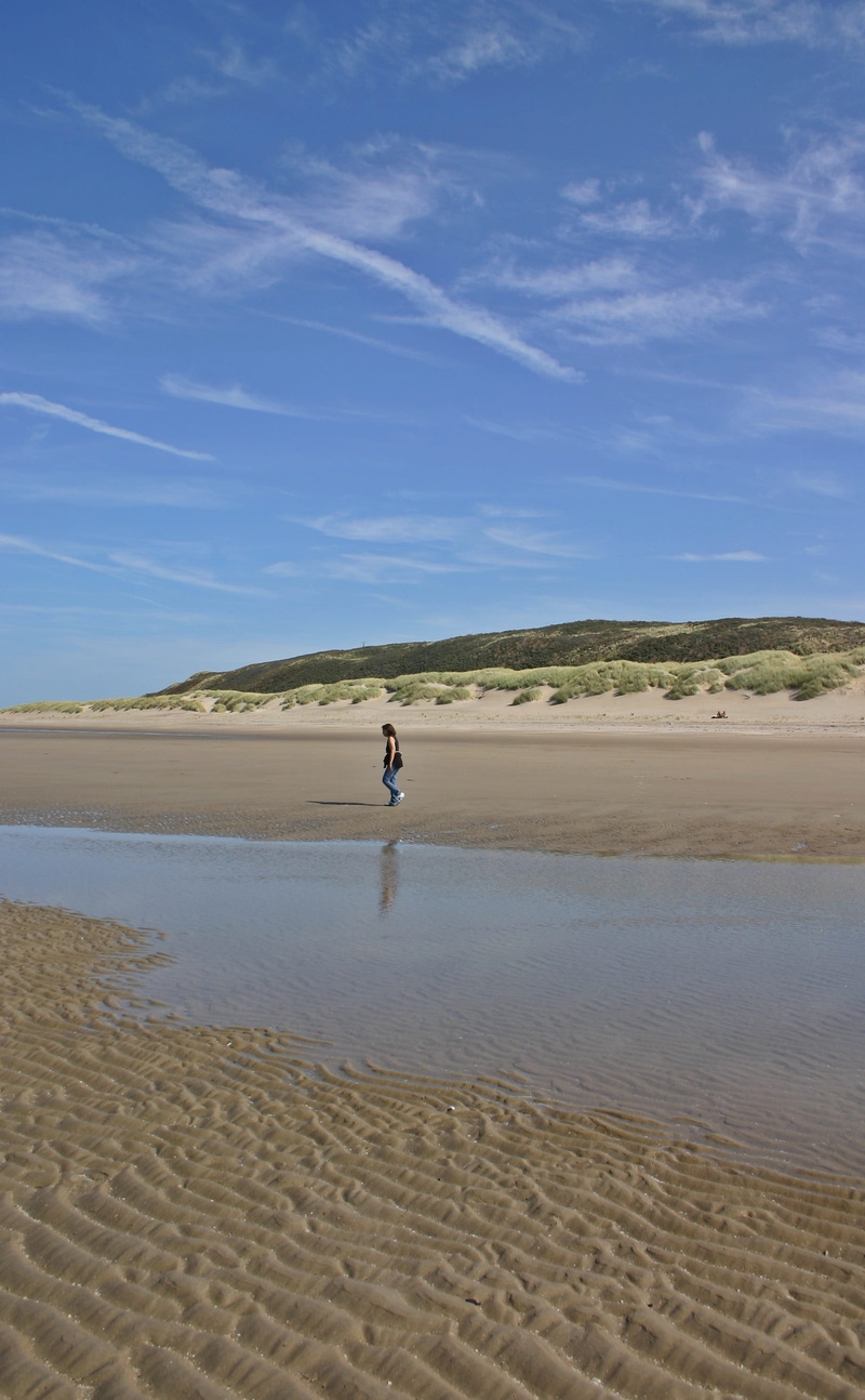 woman, one person, Landscape, leisure activity, lonely, sand dunes, land, north sea, holland, real people, Beach, summer, scenics - nature, ebb, water
