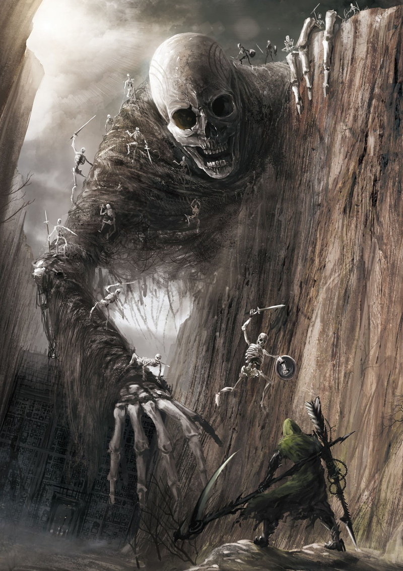 spooky, digital art, scythe, giant, skeleton, portrait display, sword, fantasy art, 720P, DeviantArt, skull, bones