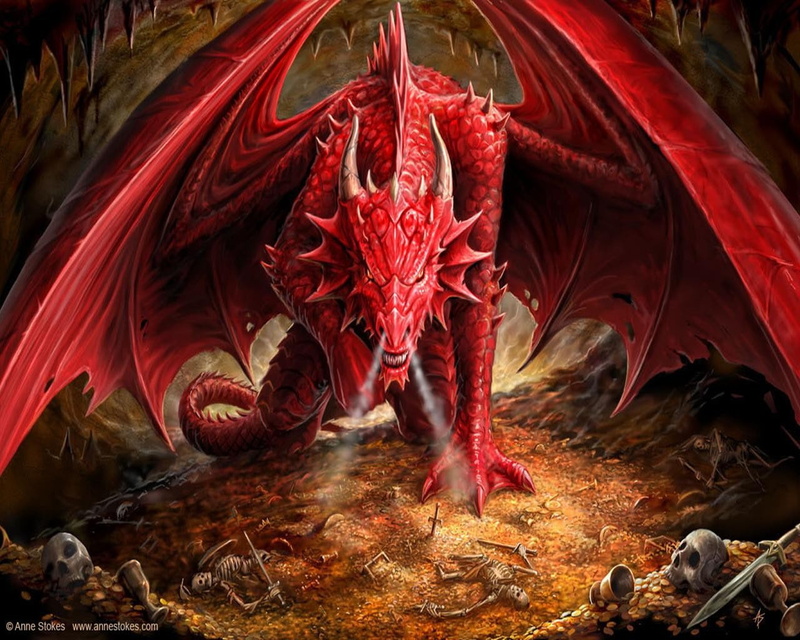 angry, coins, dragon, sword, skull, cave, digital art, Anne Stokes, 720P, skeleton, fantasy art