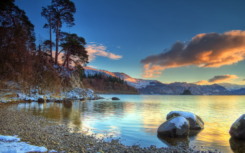Mountains, Early, Snow, Lake, 2K
