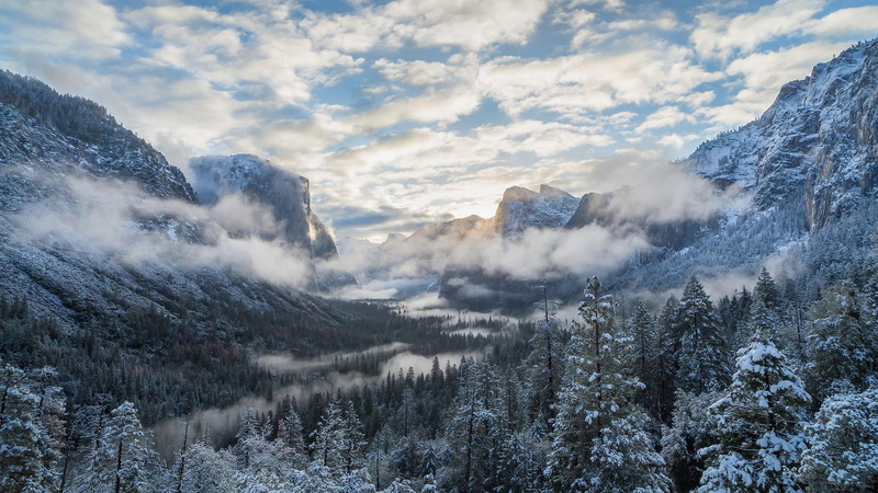 cloud, snowcapped mountain, outdoors, non-urban scene, cloud - sky, yosemite valley, sky, plant, beauty in nature, wilderness, freezing, pine tree, national park