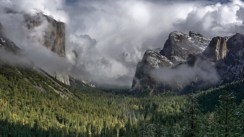 fog, mountain, united states, landscape, valley, yosemite valley, cloud - sky, foggy, land, ridge, yosemite, mountain peak, architecture, tree, cathedral rocks