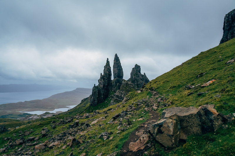 peak, plant, land, idyllic, covered, day, a855, rock, scenery, end, solid, water, slope, storr, formation, united kingdom, green color, hill, sky, non-urban scene