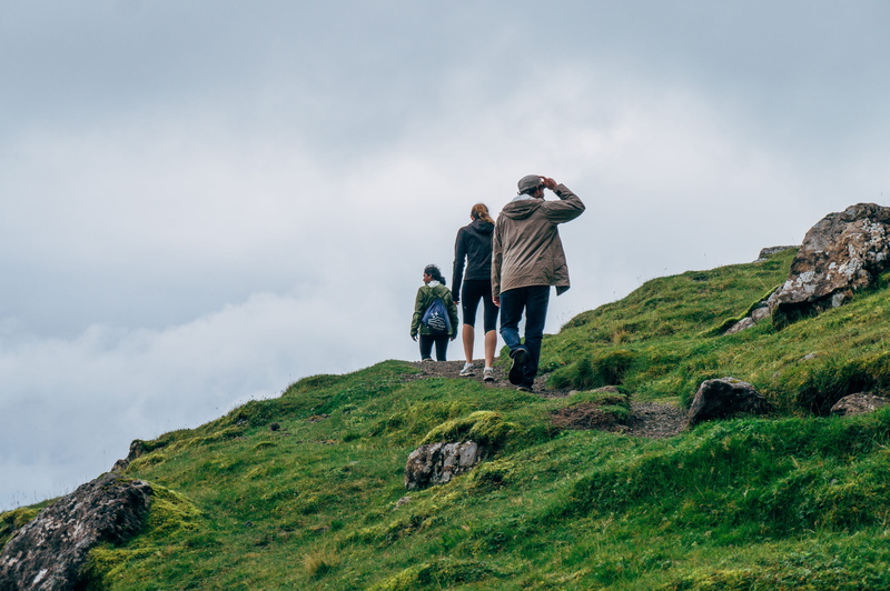 scenics - nature, three, highland, storr, a855, outdoors, green color, plant, two people, grass, hill, togetherness, standing, positive emotion, 4K, lifestyles