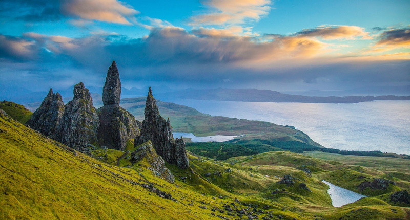 1080P, landscape nature rock formation hill lake clouds skye scotland old man of storr