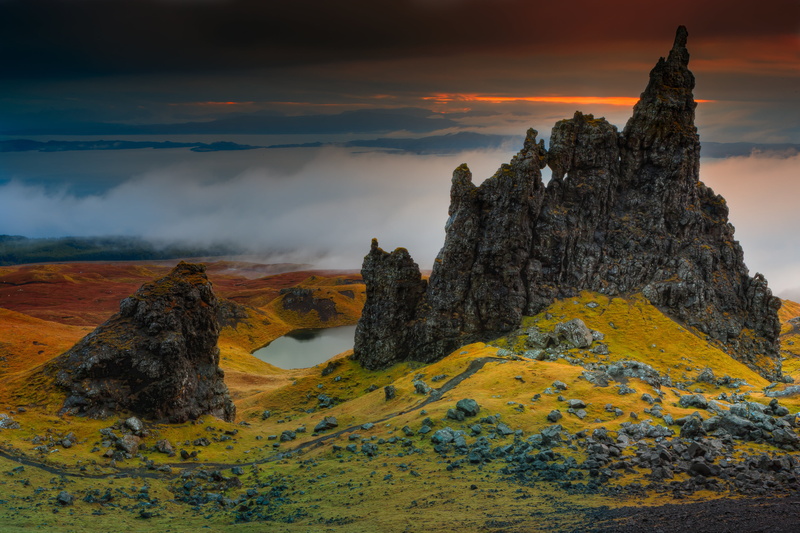 clouded sky, tranquility, beside, isle of skye, dramatic sky, travel destinations, landscape, clouds, golden, mountains, idyllic, rock, cloud formations