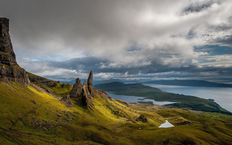 1080P, nature landscape old man of storr scotland island skye sea lake mountain clouds grass