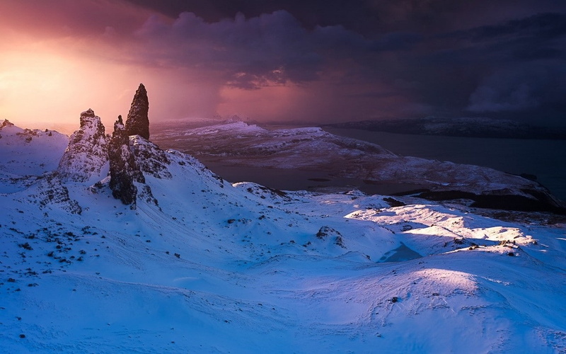 travel destinations, island, Old Man Of Storr, cold temperature, landscape, Summit, environment, clouds, solid, nature, cloud - sky, no people, mountain