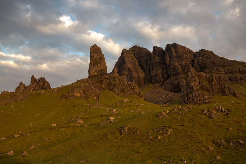 dramatic sky, old man of storr, highlands and islands, golden, beauty in nature, mountains, scotland, mountain, eroded, non-urban scene, landscape, solid