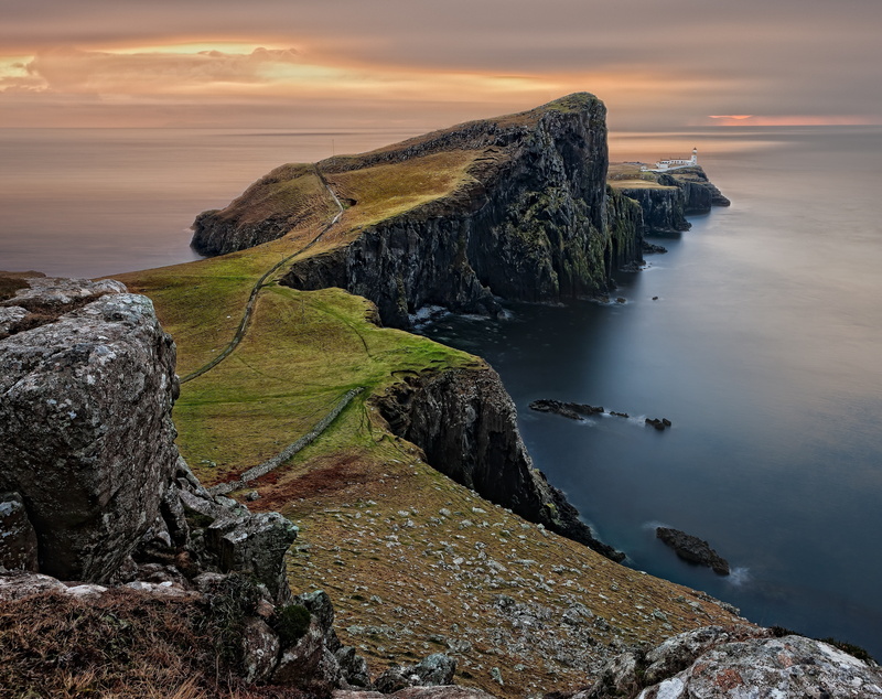 non-urban scene, Pasture, beauty in nature, 2K, England, Cliff, Green, coast, sunset, highlands and islands, Lighthouse, rock, solid, hd, sky, sea, Landscape