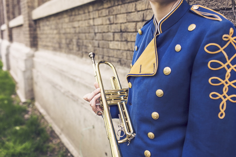 midsection, fashion, lazy, brass Instrument, jacket, military uniform, architecture, blue, wearing, talented, performer, front view, band, orchestra, men