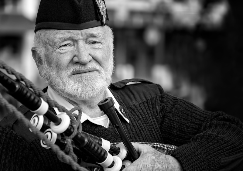 4K, adult, scot, men, males, play, grayscale, bagpipe, wrinkled, uniform, headshot, photography, real people, scotland, cap, music, sound, looking at camera