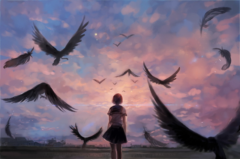 flock of birds, clouds, flying, women, rear view, Anime, seagull, bird, sky, large group of animals, vertebrate, lifestyles, spread wings, motion, anime girl