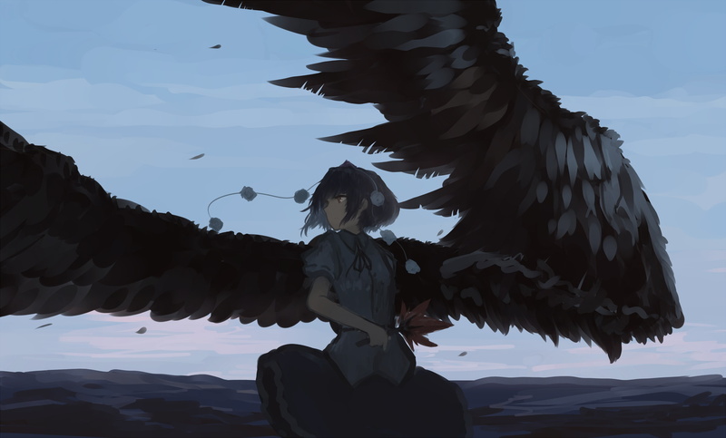flying, vertebrate, feathers, sunlight, nature, touhou, bird, rear view, animal wildlife, real people, shameimaru aya, 2K, angel, women, dark wings, leisure activity