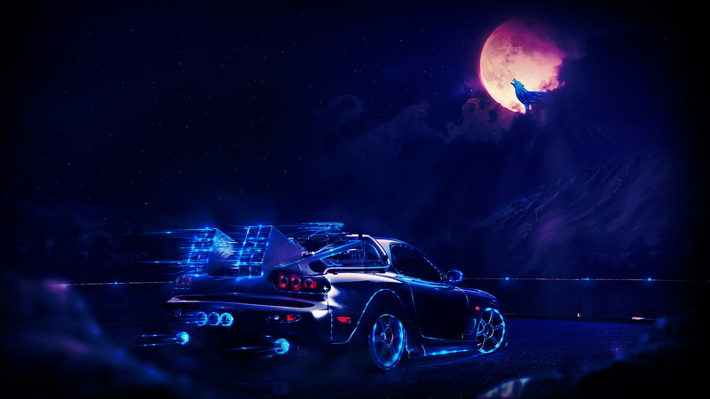 mazda rx7, digital art, Movies, moon, back to the future, 2K