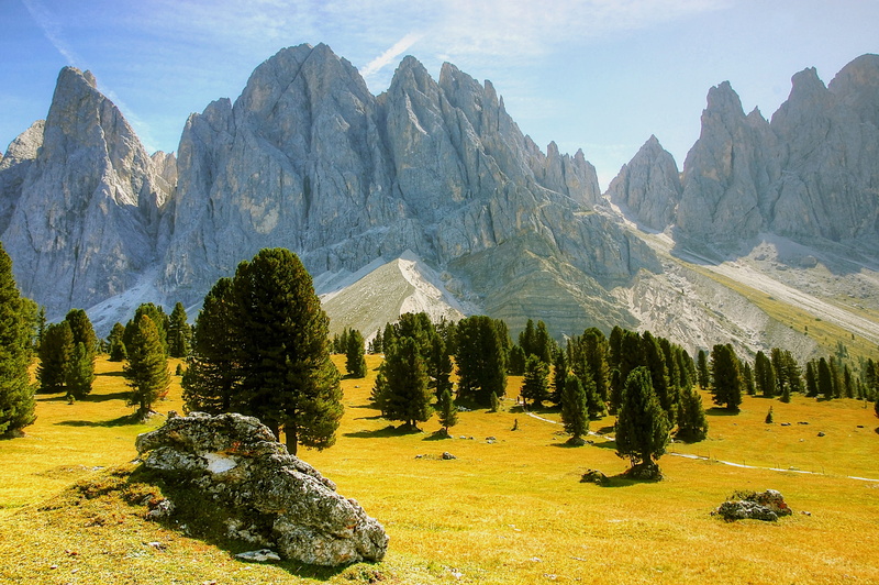 alm, stone, south tyrol, mountain range, tourism, tranquility, scenics - nature, panorama, hiking, day, odle, mountain, italy, meadow, great, tree, outdoors