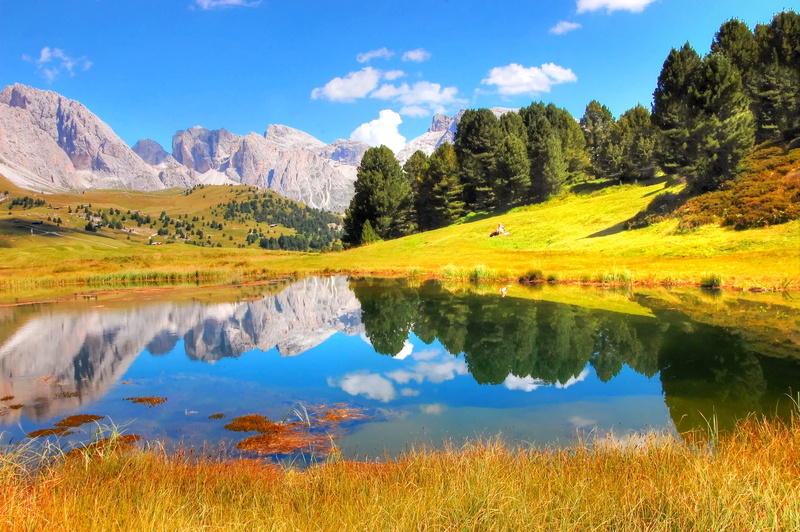 italy, stone, alm, sunlight, mountains, sun, water, panorama, lech sand, cloud - sky, odle, tree, summer, idyllic, scenics - nature, no people, tranquil scene