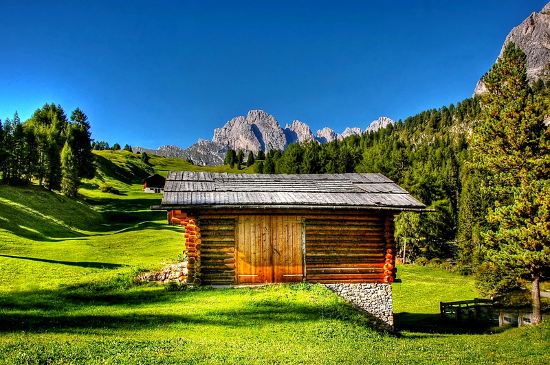 sunlight, grass, mountain range, alm, blue sky, mountain, mountains, 2K, valgardena, wooden, nature, sky, mood, environment, tranquil scene, val gardena