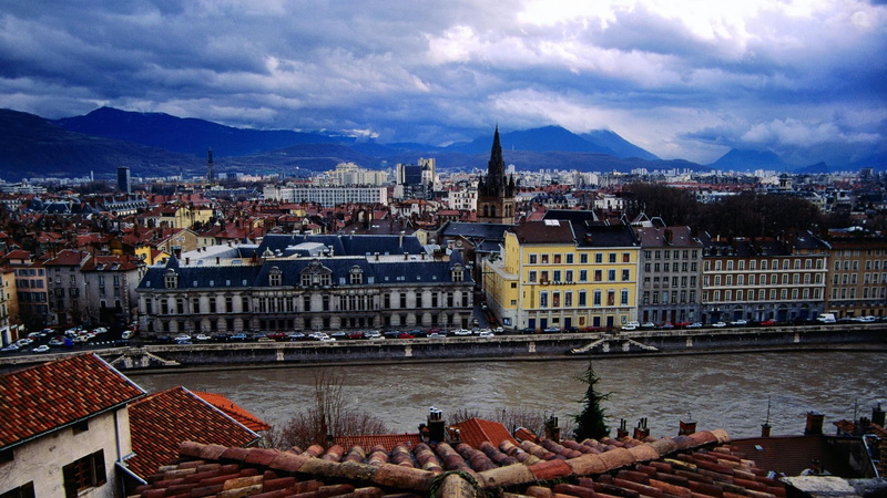 city, rhone, river, clouds, nature and landscapes, french, mountains, 1080P, alps, grenoble