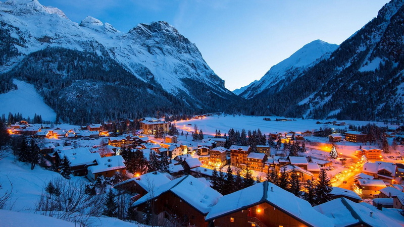 1080P, village, outdoors, tignes, tarentaise valley, savoie, environment, snowcapped mountain, snow, alps, french alps, dusk, sky, mountain, built structure