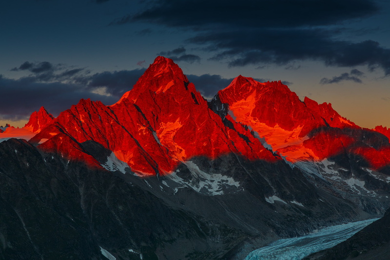 scenics - nature, rock, geology, tranquil scene, sky, snowcapped mountain, formation, rock formation, remote, environment, Alpenglow Over the Glacier dArgentiere