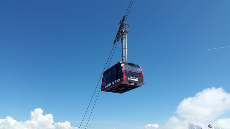 hanging, europe, low angle view, outdoors, machinery, overhead cable car, france, cable, travel, copy space, alpine, sky, Aiguille Du Midi, no people, day