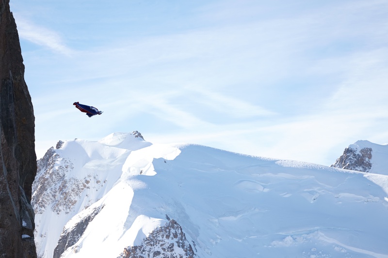 scenics - nature, snow, mountains, white color, adventure, environment, wingsuit, mountain, one person, leisure activity, sky, aiguille du midi, day, mountain range