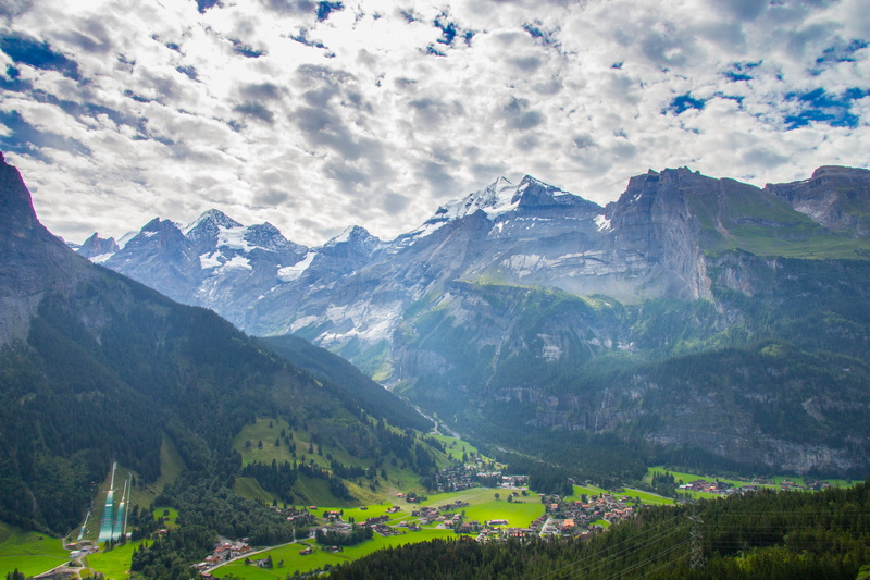 mountain, House, aerial, Kandersteg, aerial view, view, Grass  Blue, cloudy, Snow  Peak, 5K, Natural  Landscape, sky, Outside