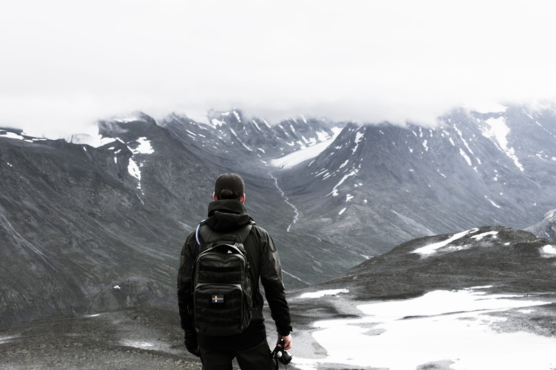 beauty in nature, backpack, rear view, hiking, mountain, snowcapped mountain, snow, real people, summer, sport, standing, cold temperature, adventure, climbing
