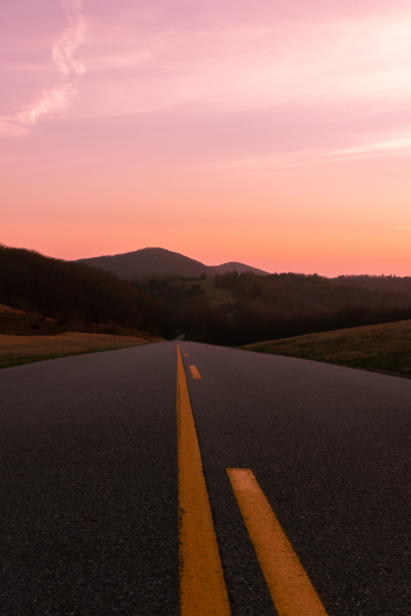 environment, blue ridge parkway, symbol, sky, the way forward, road marking, sunset, scenics - nature, sign, 5K, parkway, sunlight, mountain range, marking