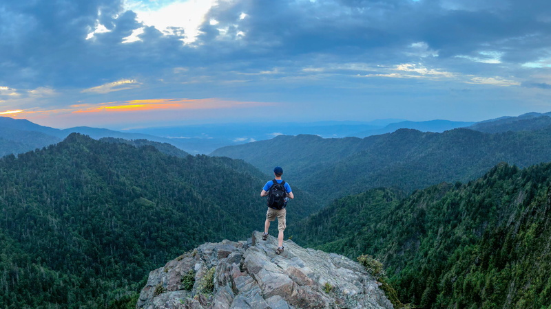 mountain range, one person, charlies bunion, tranquil scene, cherokee, mountain, tranquility, sunset, plant, 5K, leisure activity, smoky mountains, rock - object