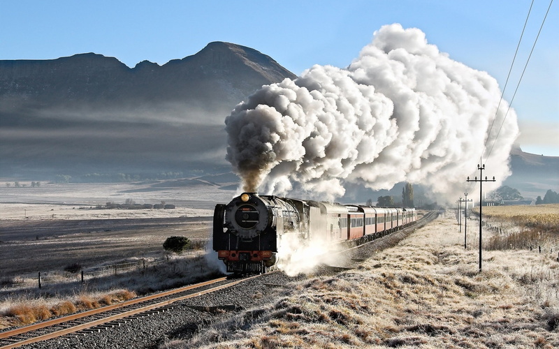 Mountains, Railway, Train, Smoky, 1080P