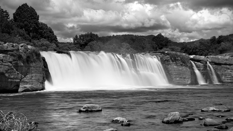 rocks, flowing, waterfalls, clouds, tree, new zealand, tasman, waterfall, maruia falls scenic reserve, shenandoah, silky, long exposure, travel destinations