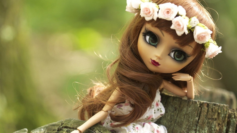 doll, beautiful woman, headshot, flowering plant, 1080P, brown hair, portrait, toys, young adult, fashion, one person, beauty, long hair, wearing flowers