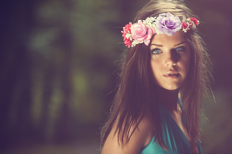 outdoors, beautiful woman, nature, depth of field, young adult, laurel wreath, hairstyle, women, wearing flowers, looking at camera, crown, adult, focus on foreground